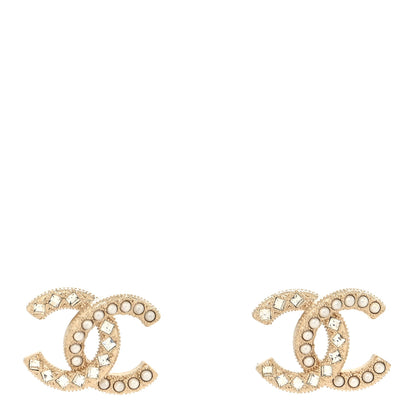 Chanel Pearl Crystal CC Stud Earrings Gold 1 of 4