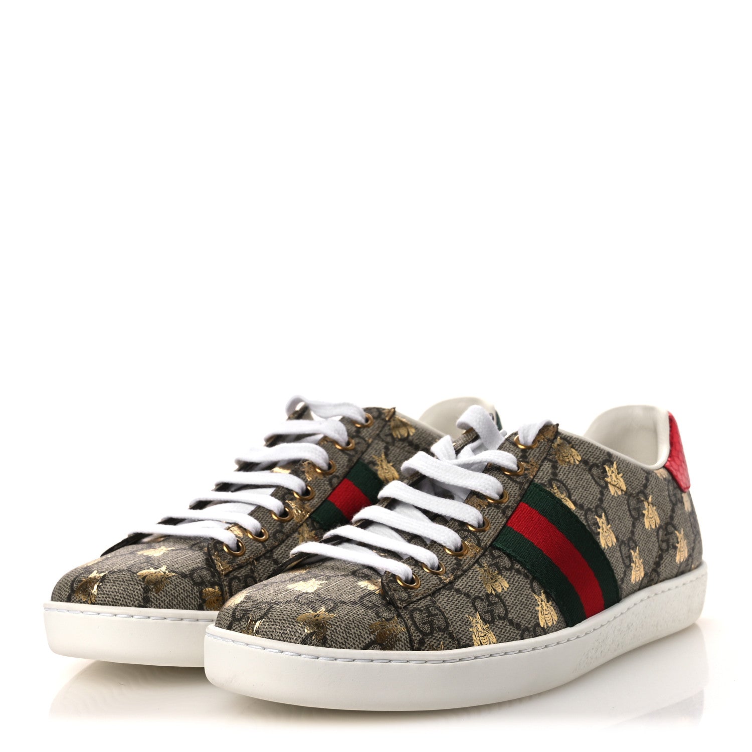 Gucci GG Supreme Monogram Bees Ayers Web Womens Ace Sneakers 37.5 Beige Oro Green Red 4 of 11