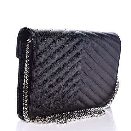 Saint Laurent Grain De Poudre Matelasse Chevron Monogram Chain Wallet Black 3 of 9