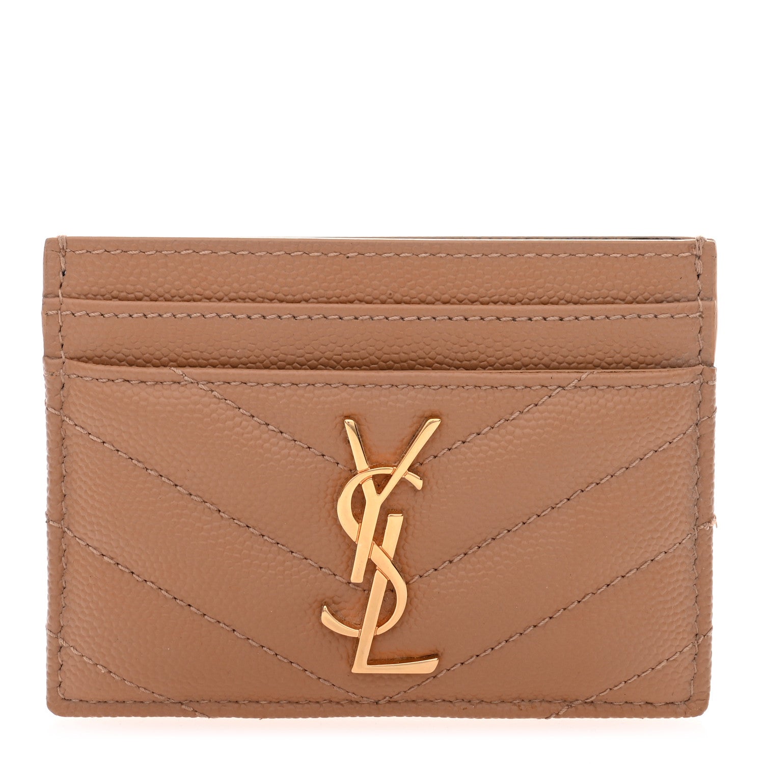 Saint Laurent Grain De Poudre Matelasse Chevron Monogram Credit Card Case Dark Beige 1 of 7