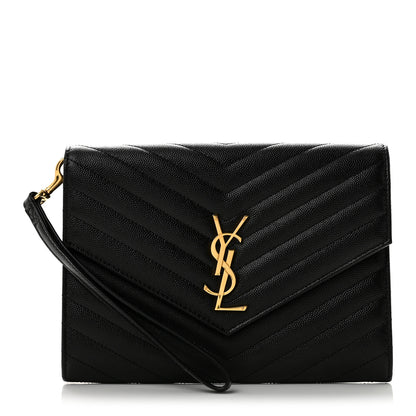 Saint Laurent Grain De Poudre Matelasse Chevron Monogram Envelope Clutch Black 1 of 8