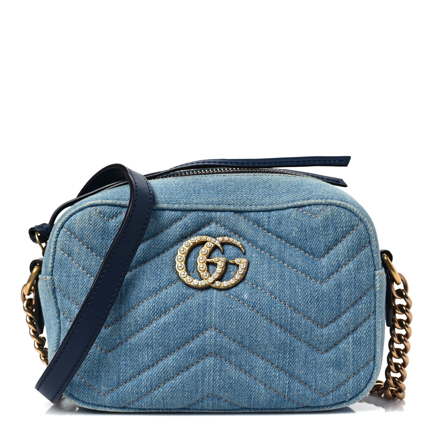 Denim Matelasse Mini Pearly GG Marmont Chain Shoulder Bag Blue
