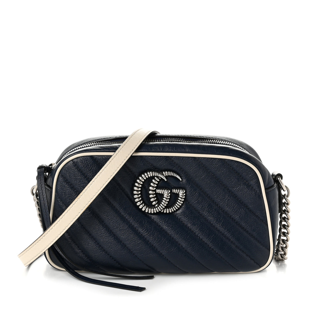 Gucci Vintage Effect Calfskin Matelasse Diagonal Small Torchon GG Marmont Chain Shoulder Bag Blue Agata Mystic White 1 of 10