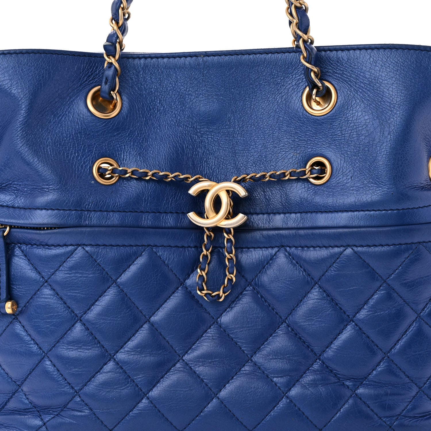Chanel Calfskin Front Zip CC Drawstring Chain Drawstring Tote Blue 8 of 13