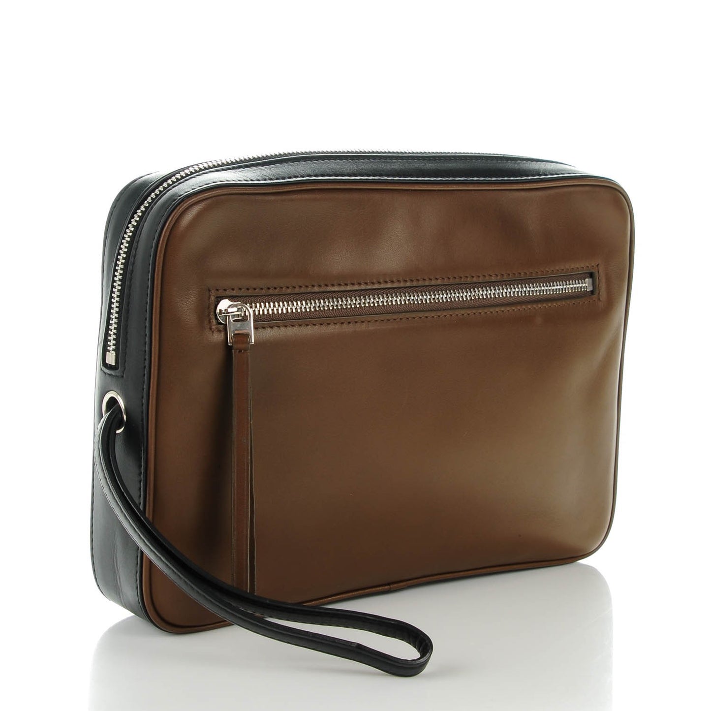 Nappa Side Lock Dragonne Clutch Brown Black
