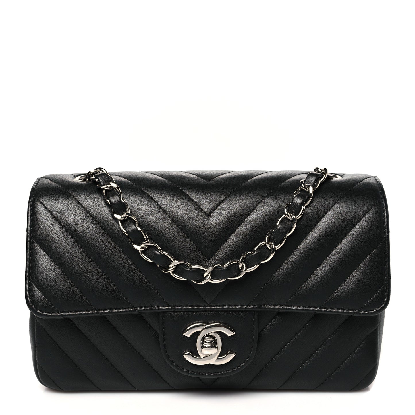 Lambskin Chevron Quilted Mini Rectangular Flap Black