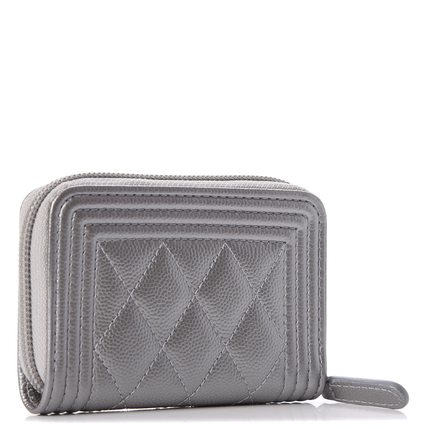 Chanel Metallic Caviar Quilted Boy Zip Around Coin Purse Wallet Silver 4 of 9