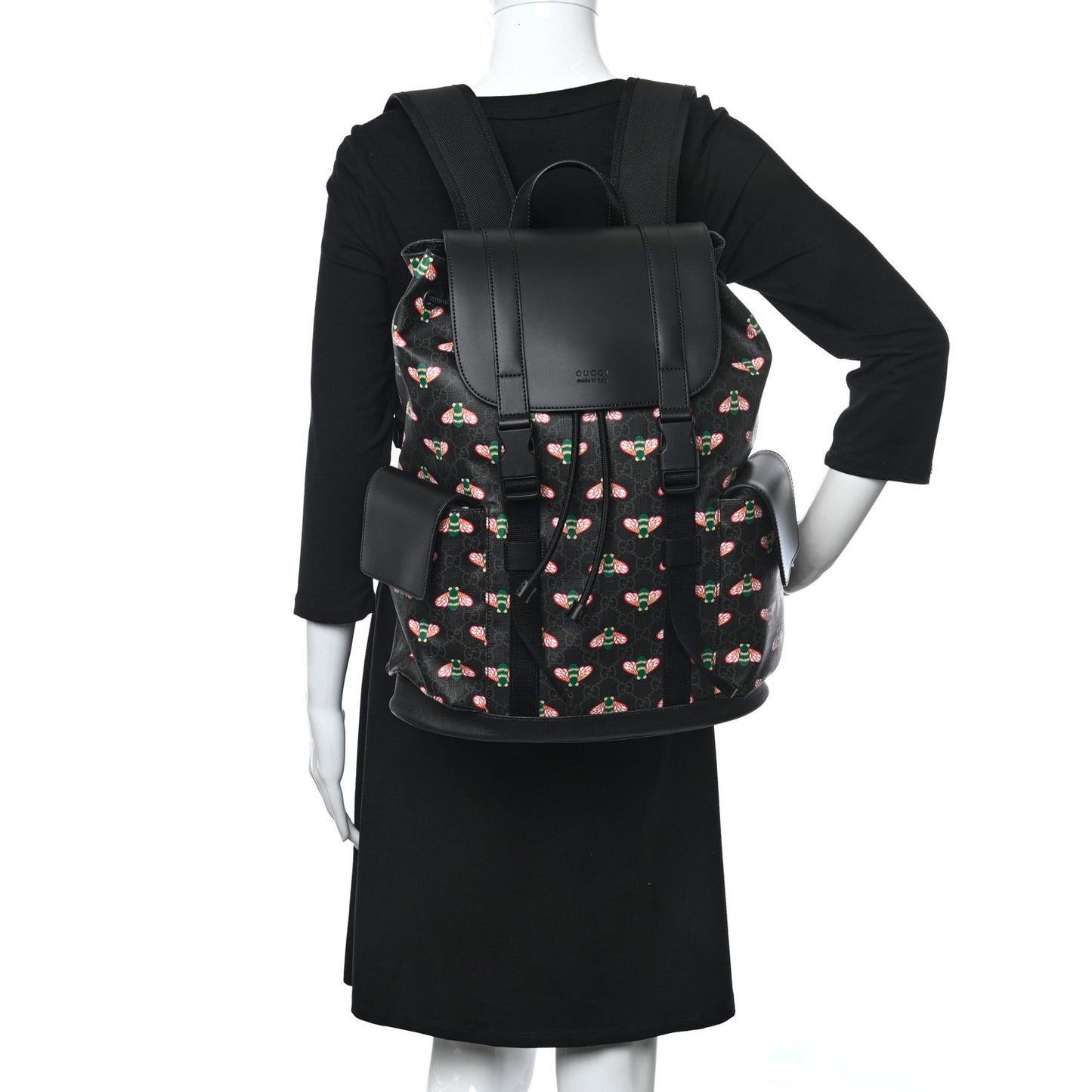 Soft GG Supreme Monogram Bee Multicolor Appia Calfskin Double Buckle Backpack Black Multicolor