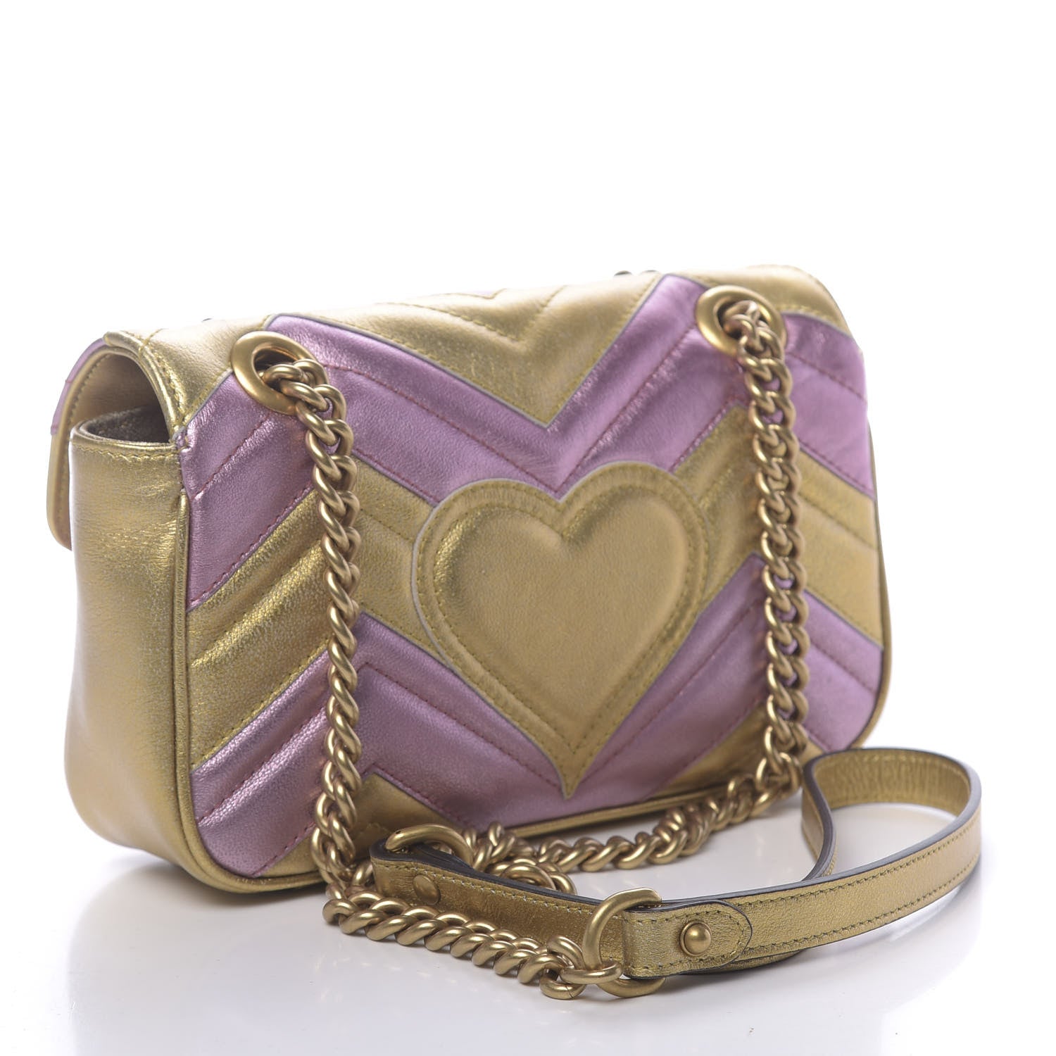 Gucci Metallic Calfskin Matelasse Mini GG Marmont Shoulder Bag Gold Pink 4 of 13