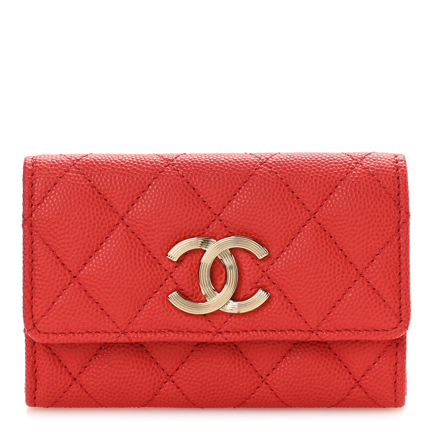 Caviar Check Flag Quilted Flap Card Holder Wallet Red