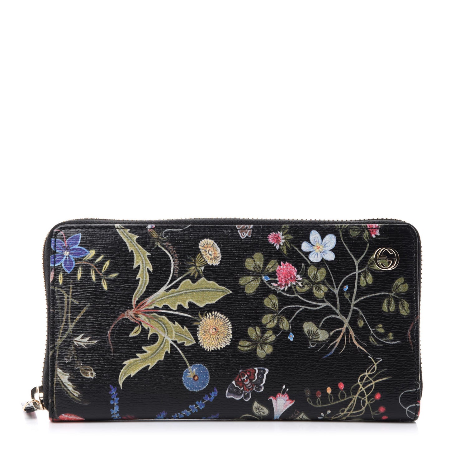 Shangai Calfskin Flora Knight Zip Around Wallet Black