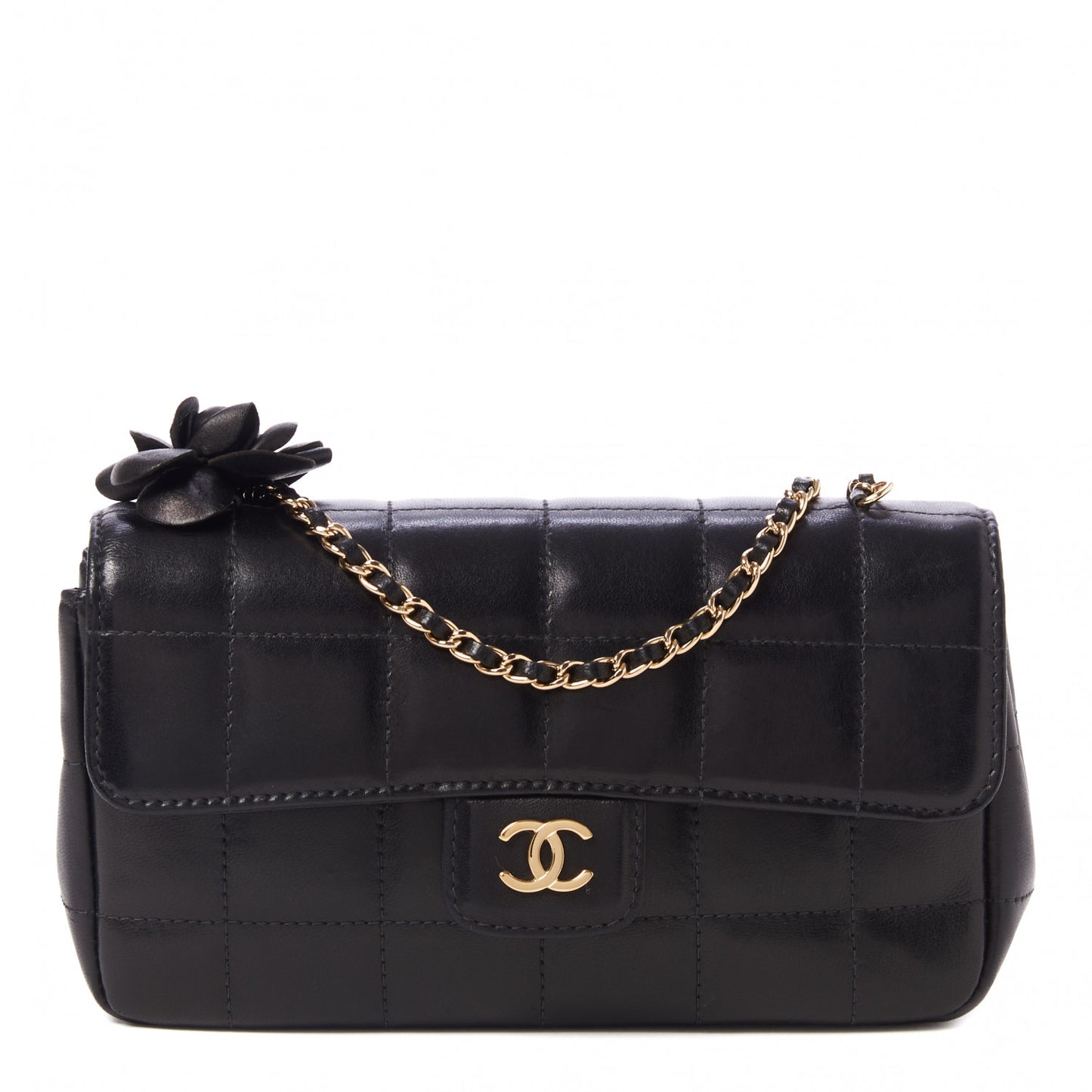 Lambskin Quilted Mini Chocolate Bar Camellia Flap Black