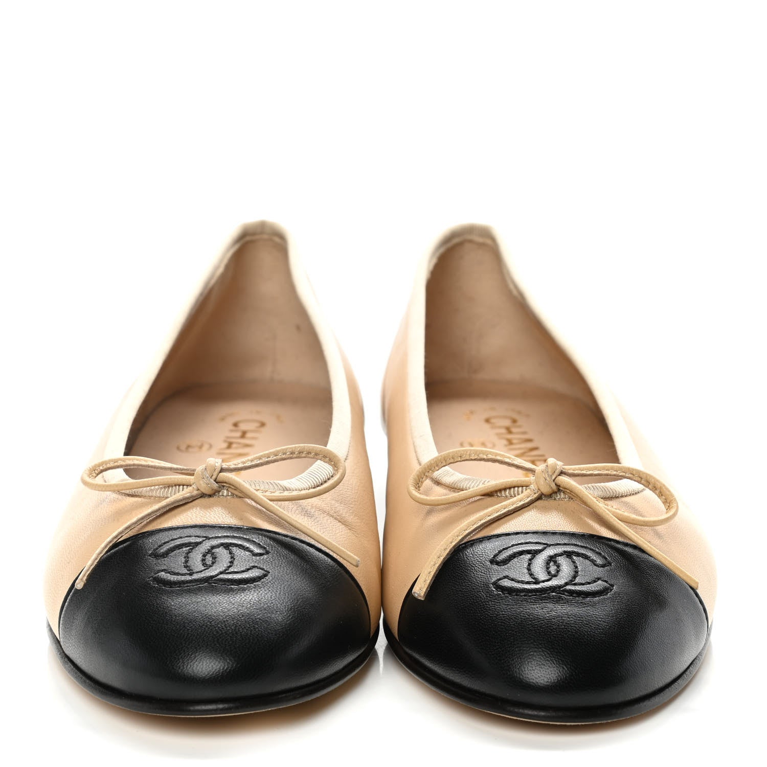 Chanel Lambskin Cap Toe CC Ballerina Flats 38 Beige Black 2 of 9