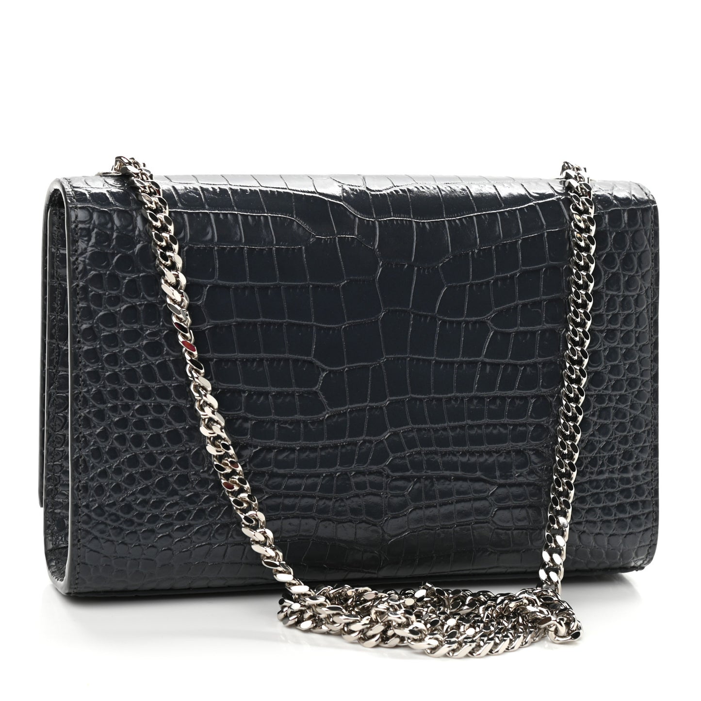 Calfskin Crocodile Embossed Small Classic Monogram Kate Tassel Satchel Smog