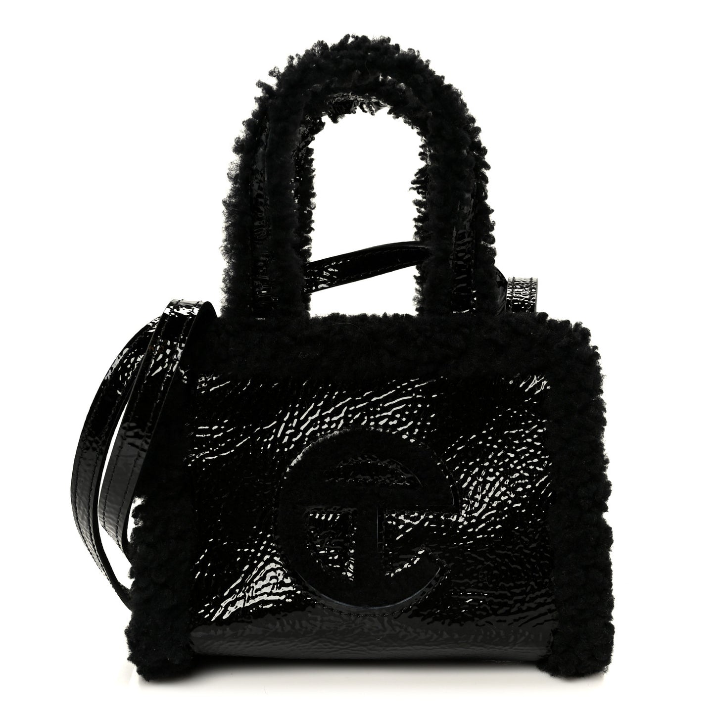 X UGG Crinkle Patent Shearling Small Shopping Bag Black