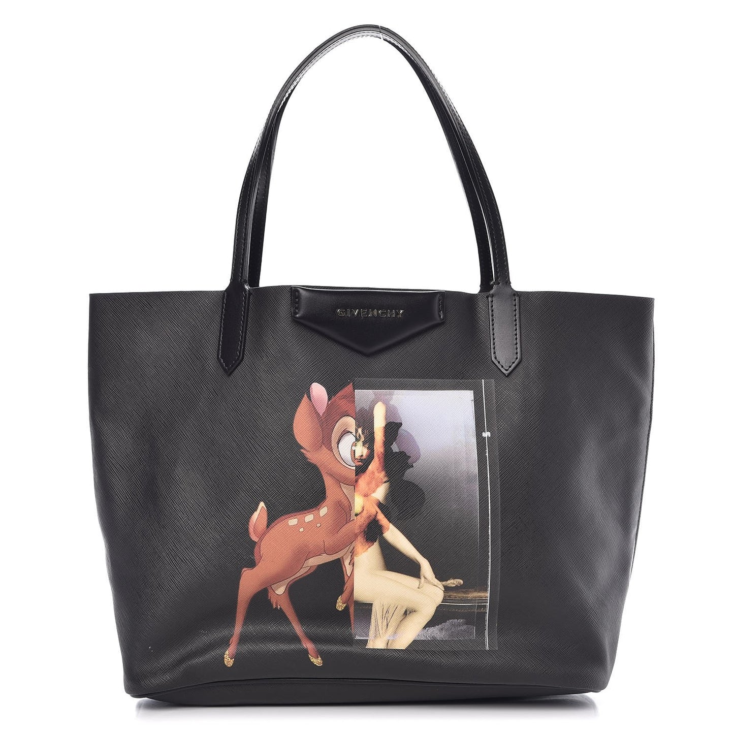 Textured Coated Canvas Bambi Print Large Antigona Tote Black