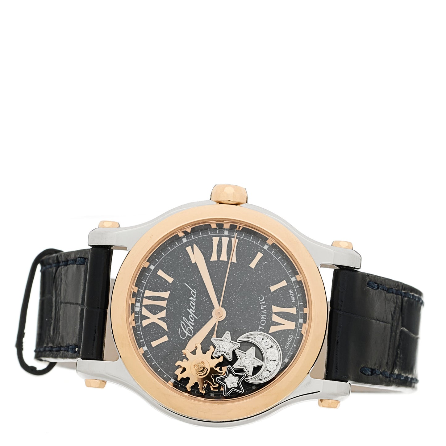 Stainless Steel 18K Rose Gold Alligator Diamond 30mm Happy Sport Sun, Moon and Stars Automatic Watch Blue