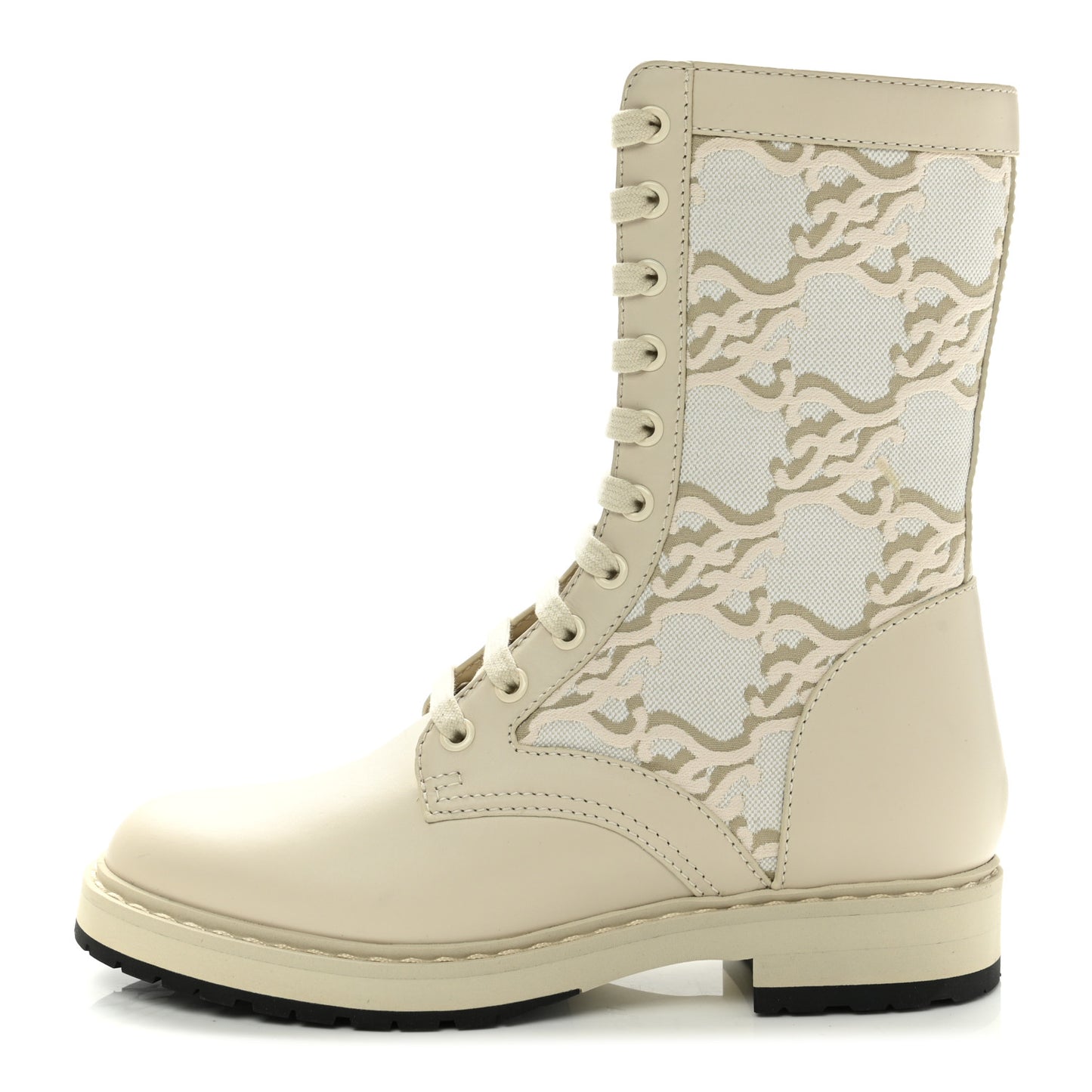 Vitello Fabric Jacquard Karligraphy Embroidered Womens Combat Boots 36.5 White Camelia