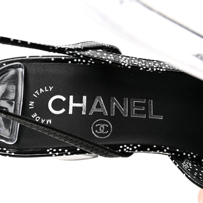 Chanel Calfskin Camellia Printed Cap Toe CC Slingback Pumps 37 Black White 8 of 9