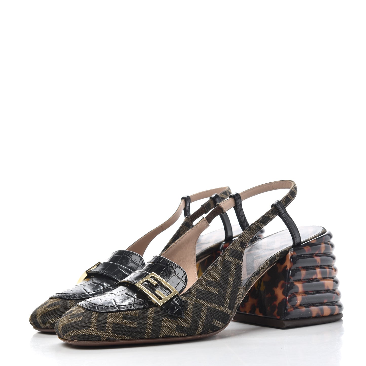 Jacquard Calfskin FF Tortoise Promenade Slingback Loafer Pumps 38.5 Tobacco