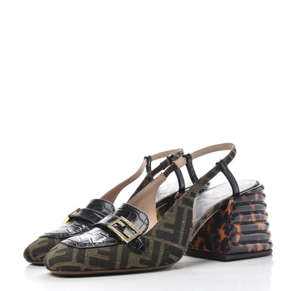 Fendi Jacquard Calfskin FF Tortoise Promenade Slingback Loafer Pumps 38.5 Tobacco 3 of 11