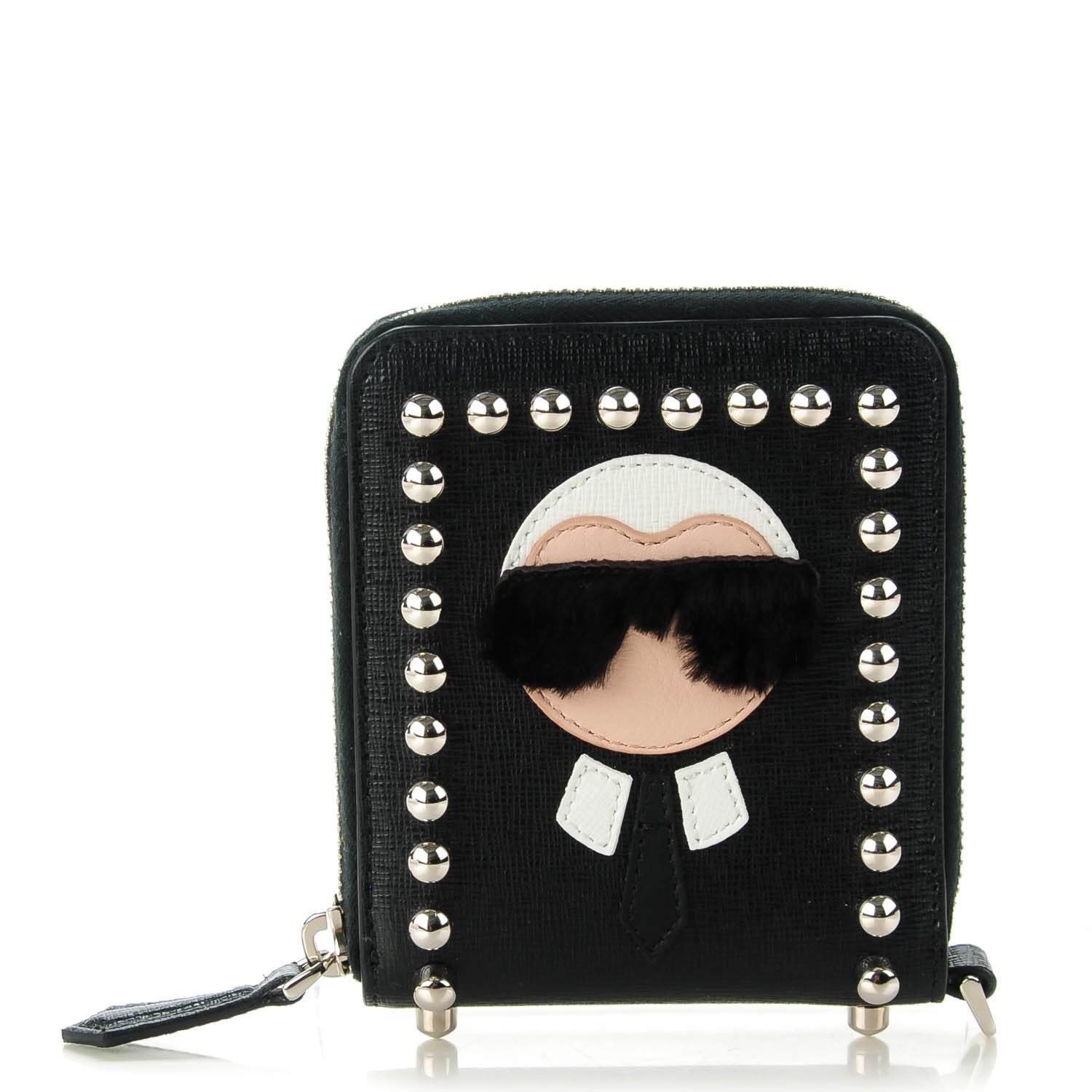 Fendi Vitello Elite Flamingo Mink Karlito Studded Zip Around Chain Wallet Black White Plaster 1 of 9