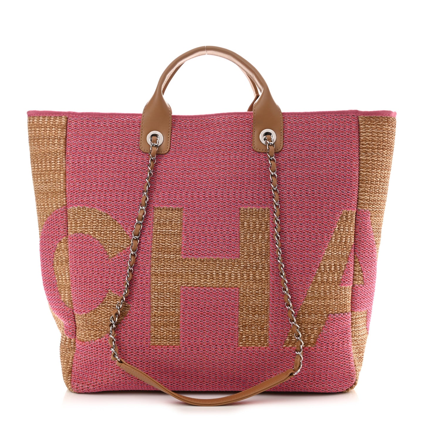 Woven Straw Raffia Logo Tote Pink Beige