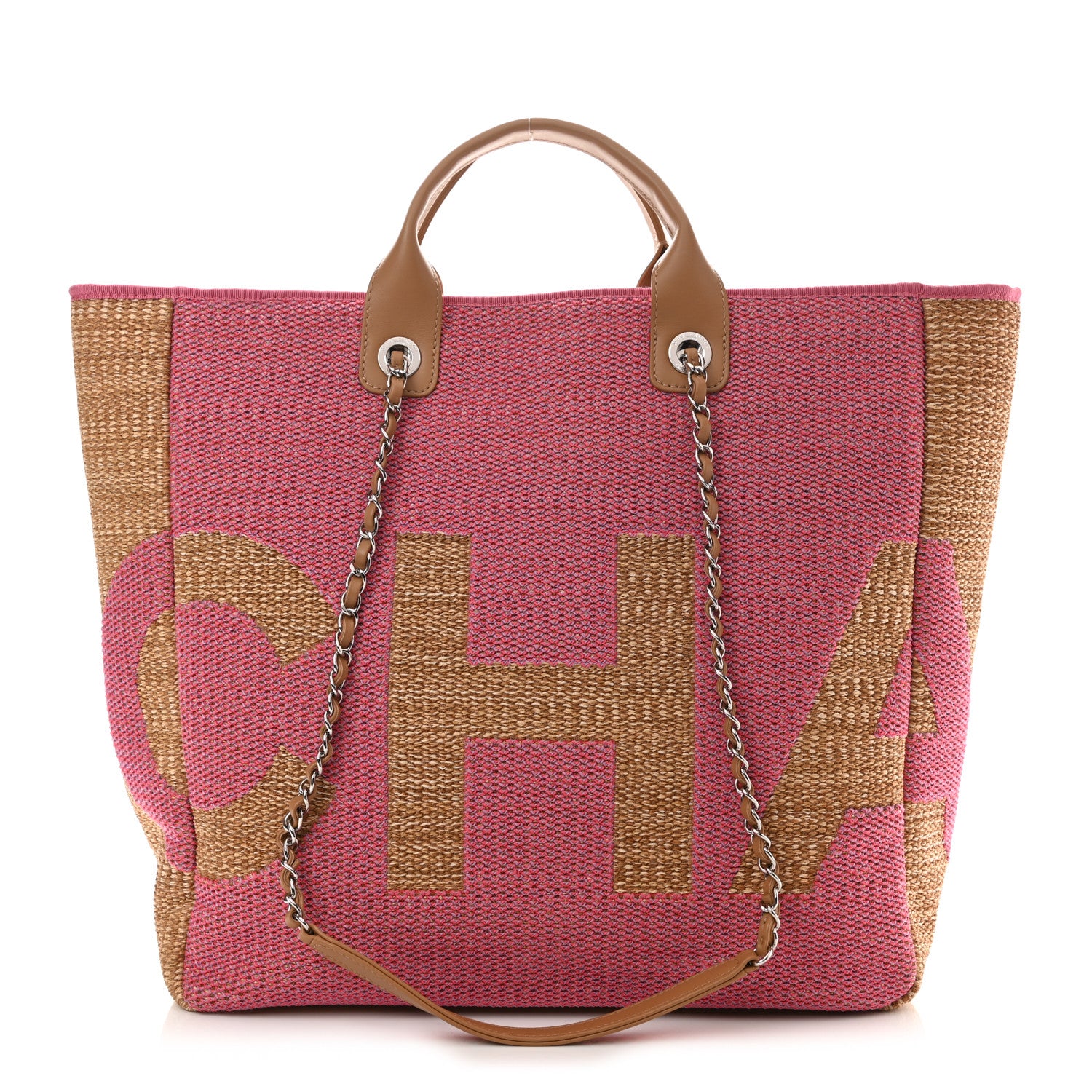 Chanel Woven Straw Raffia Logo Tote Pink Beige 1 of 12