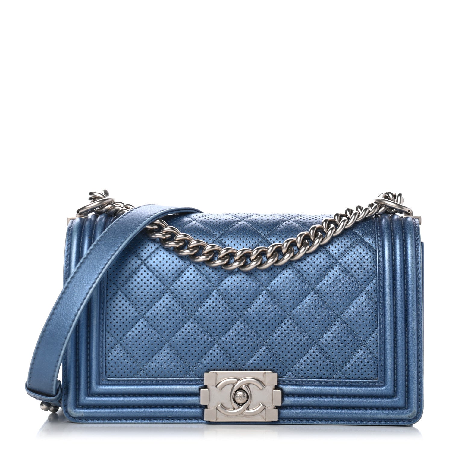 Chanel Metallic Lambskin Perforated Quilted Medium Boy Flap Blue 1 of 14