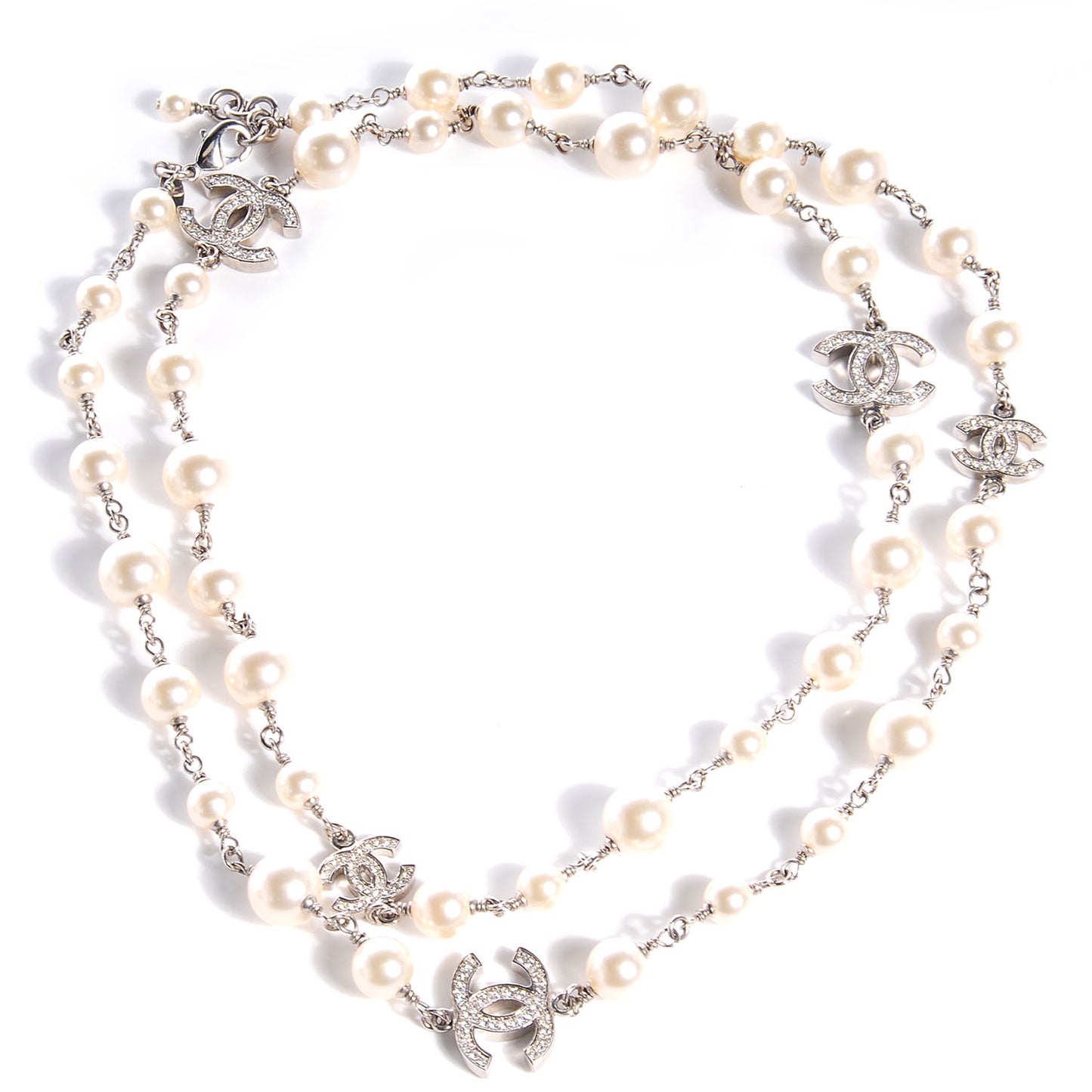 Crystal Pearl CC Long Necklace Silver