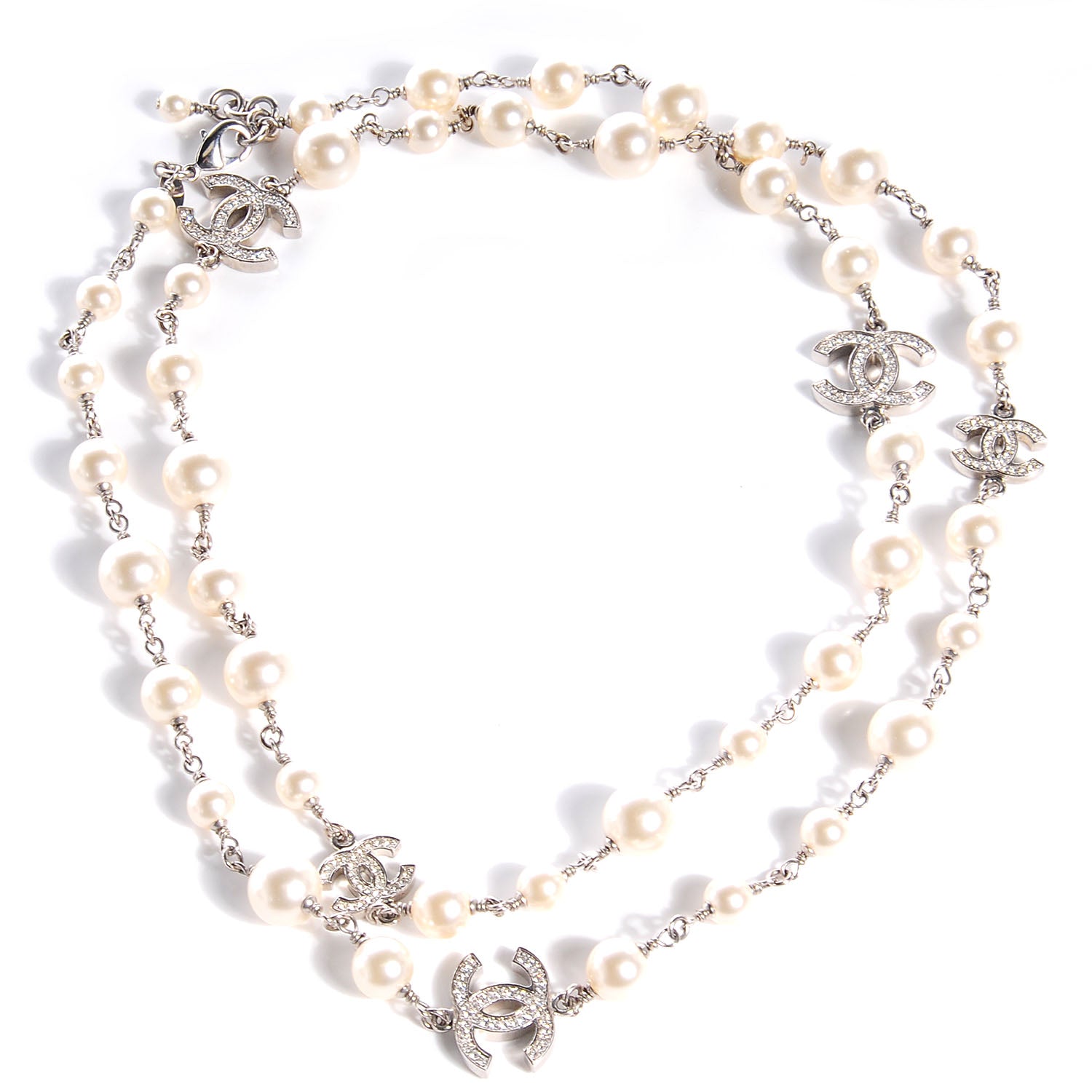 Chanel Crystal Pearl CC Long Necklace Silver 1 of 6