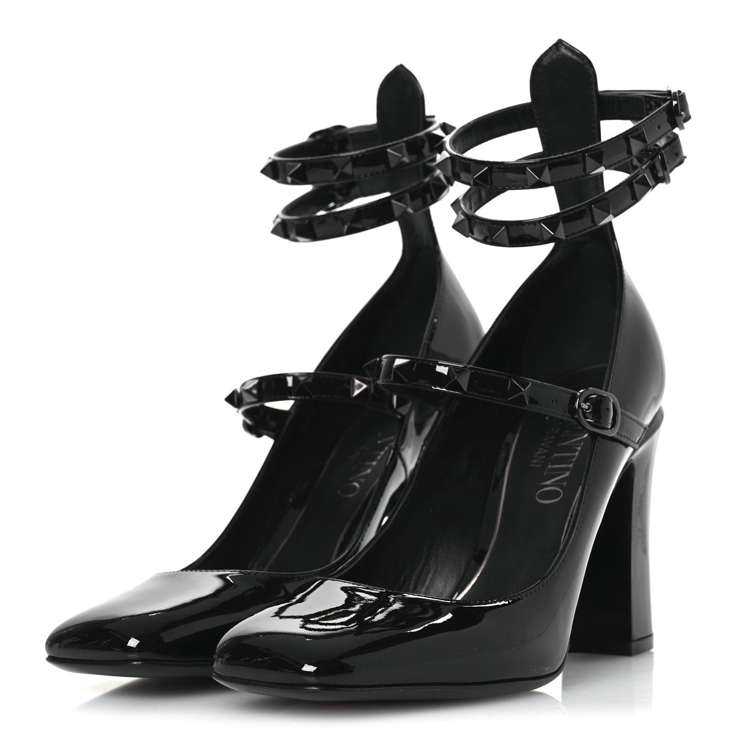 Valentino Garavani Patent Monochrome Rockstud Tan-Go Ankle Strap Pumps 37 Black 4 of 11