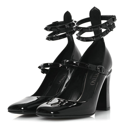 Valentino Garavani Patent Monochrome Rockstud Tan-Go Ankle Strap Pumps 37 Black 4 of 11