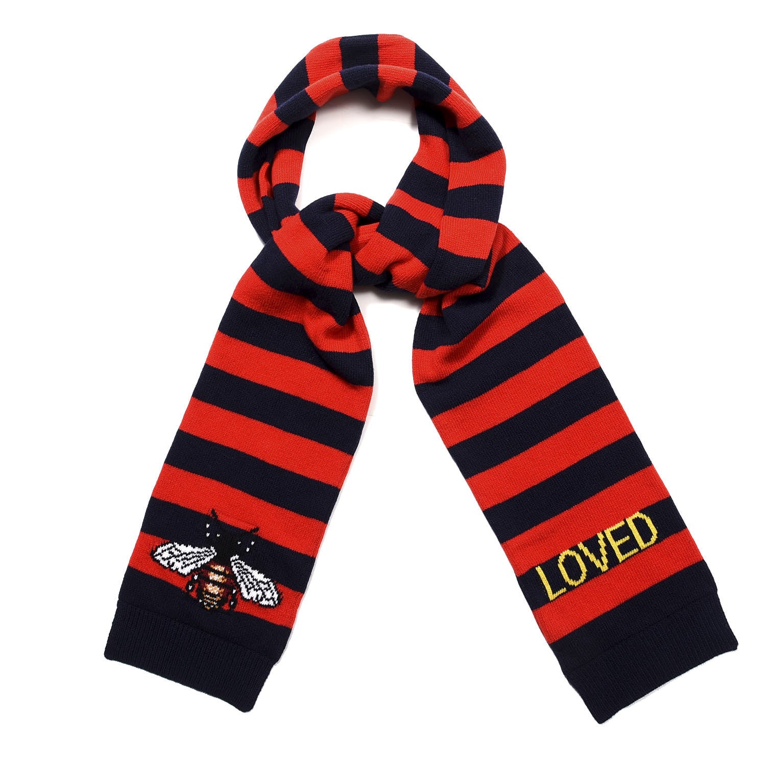 Gucci Wool Tricot Striped Bee Scarf Sapphire Red 1 of 5