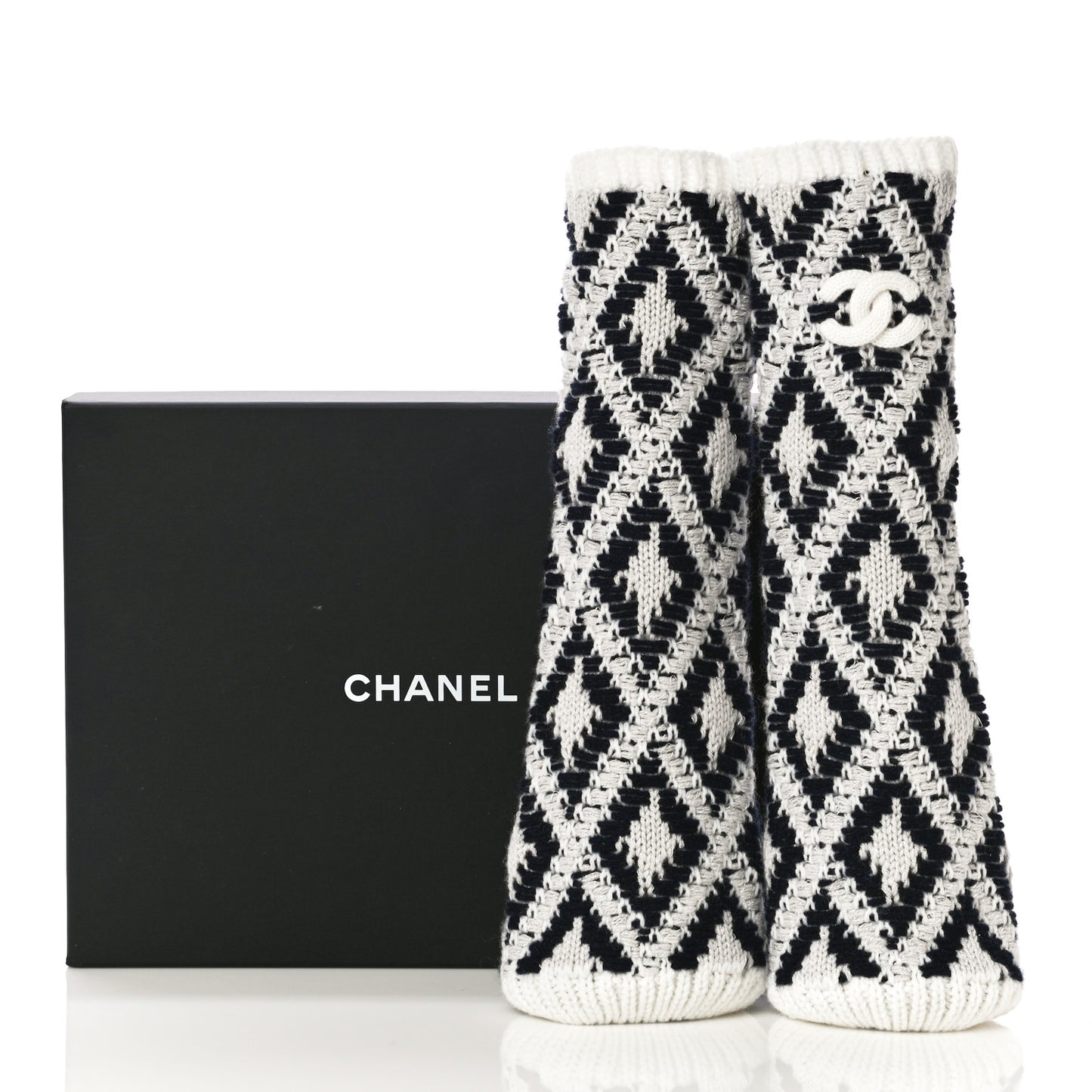 Cashmere Blend CC Fingerless Gloves Beige White Black