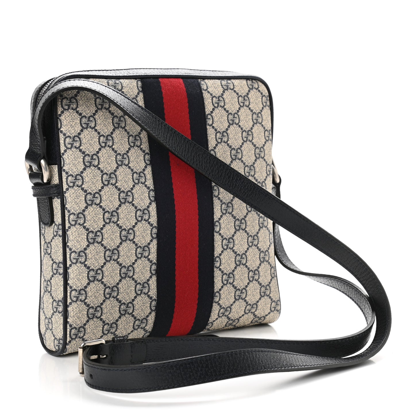 GG Supreme Monogram Textured Dollar Calfskin Web Small Ophidia Messenger Bag Beige Blue