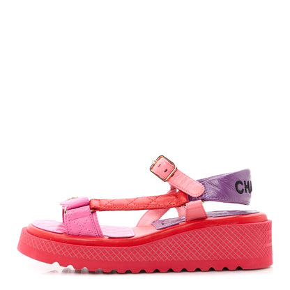 Chanel Lambskin Logo Platform Sandals 36 Red Purple Orange 1 of 9