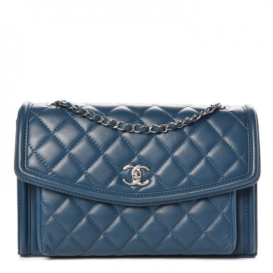 Lambskin Quilted Large Geometric Flap Dark Blue