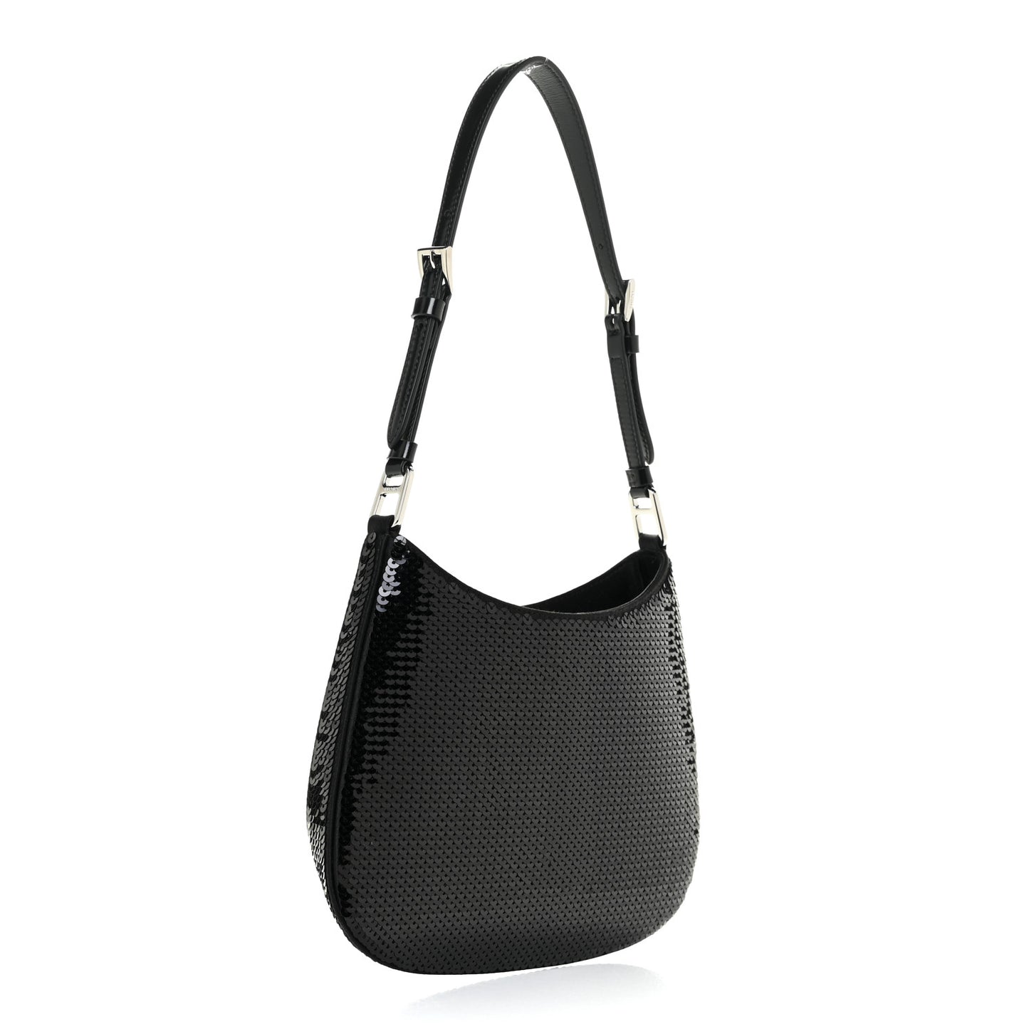 Paillettes Sequin Logo Cleo Adjustable Strap Shoulder Bag Black White