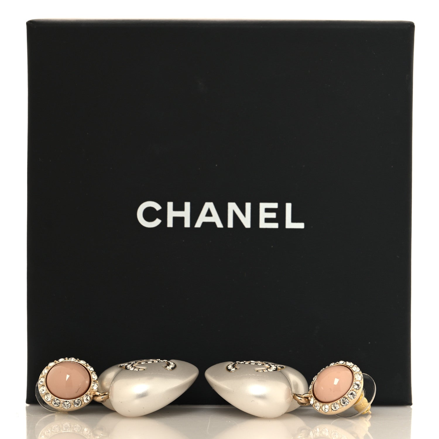 Chanel Pearl Resin Crystal CC Heart Drop Earrings Pink Gold 5 of 5