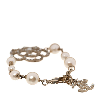 Chanel Swarovski Crystal Pearl Camellia CC Bracelet Gold 3 of 6