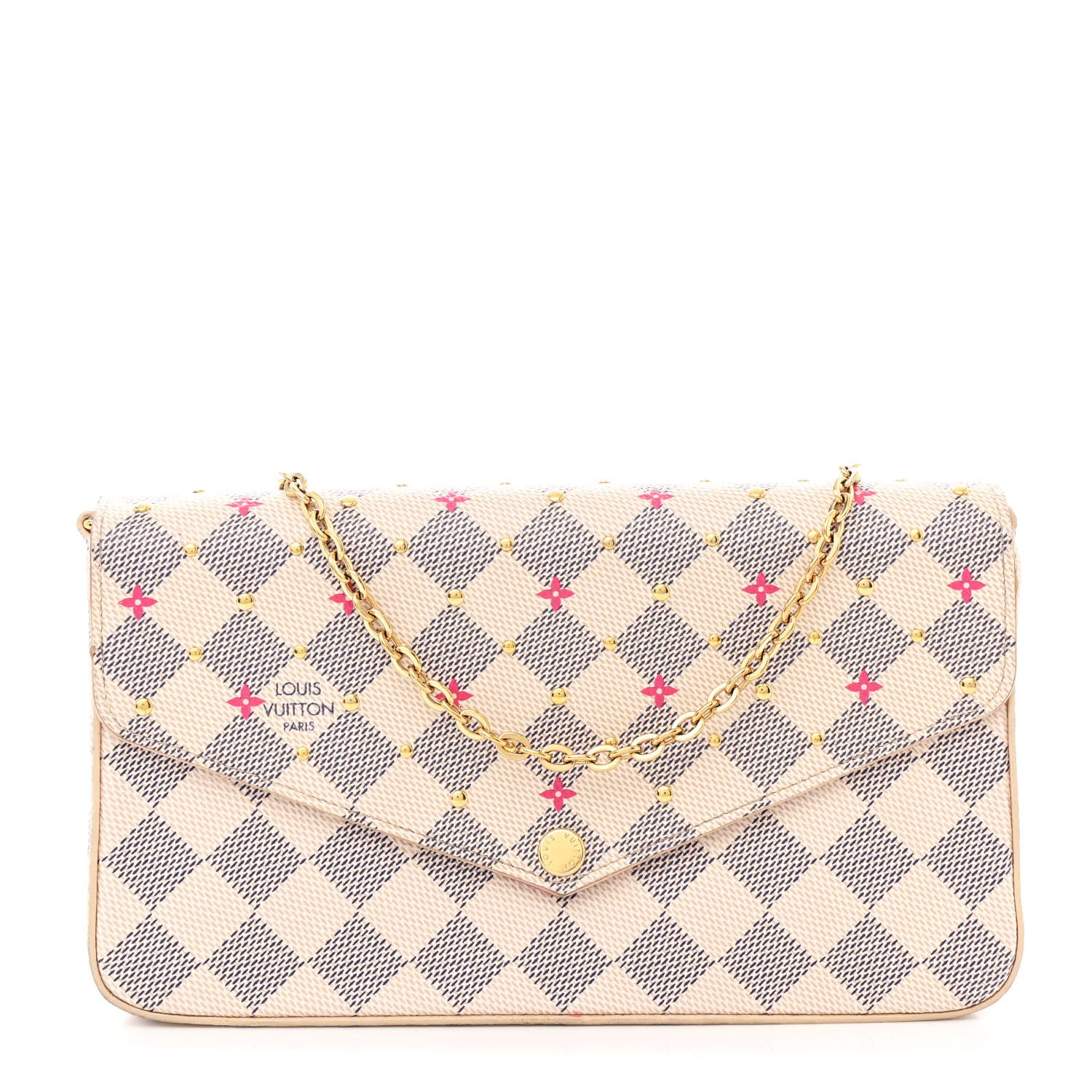 Louis Vuitton Damier Azur Studded Pochette Felicie Chain Wallet Fuchsia 1 of 13