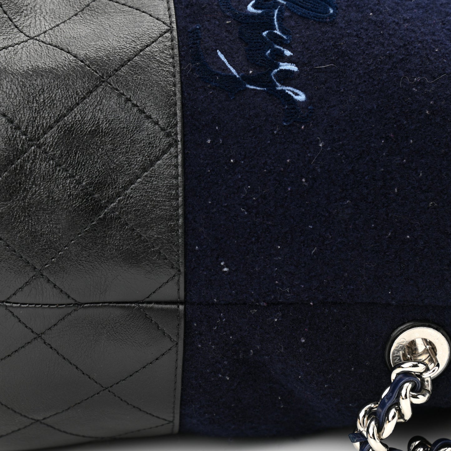 Wool Calfskin Embroidered Drawstring Backpack Navy Blue