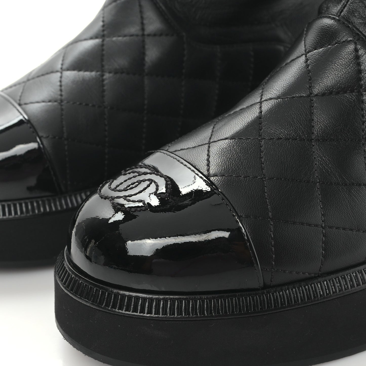 Lambskin Calfskin Quilted Knit Womens High Boots 36.5 Black