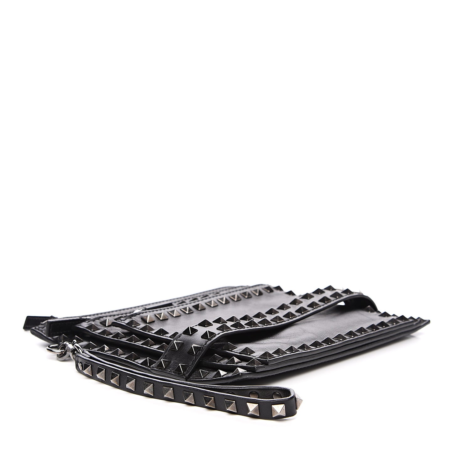 Vitello Rockstud Triple Zip Wristlet Pouch Black