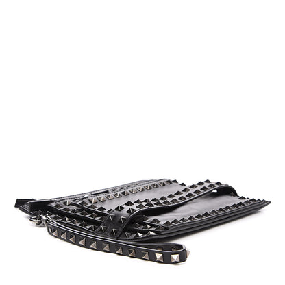 Valentino Garavani Vitello Rockstud Triple Zip Wristlet Pouch Black 3 of 10