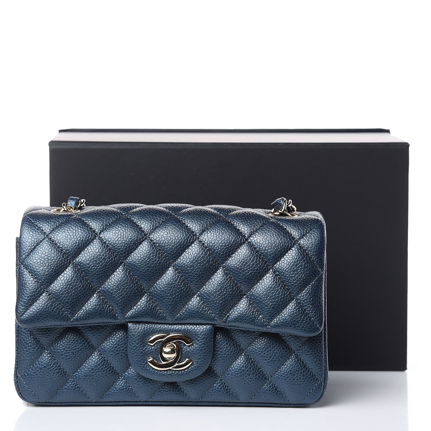 Metallic Caviar Quilted Mini Rectangular Flap Dark Blue