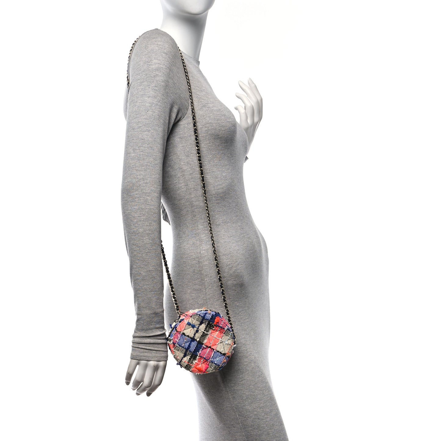 Tweed Quilted Round Clutch With Chain Blue Orange Multicolor