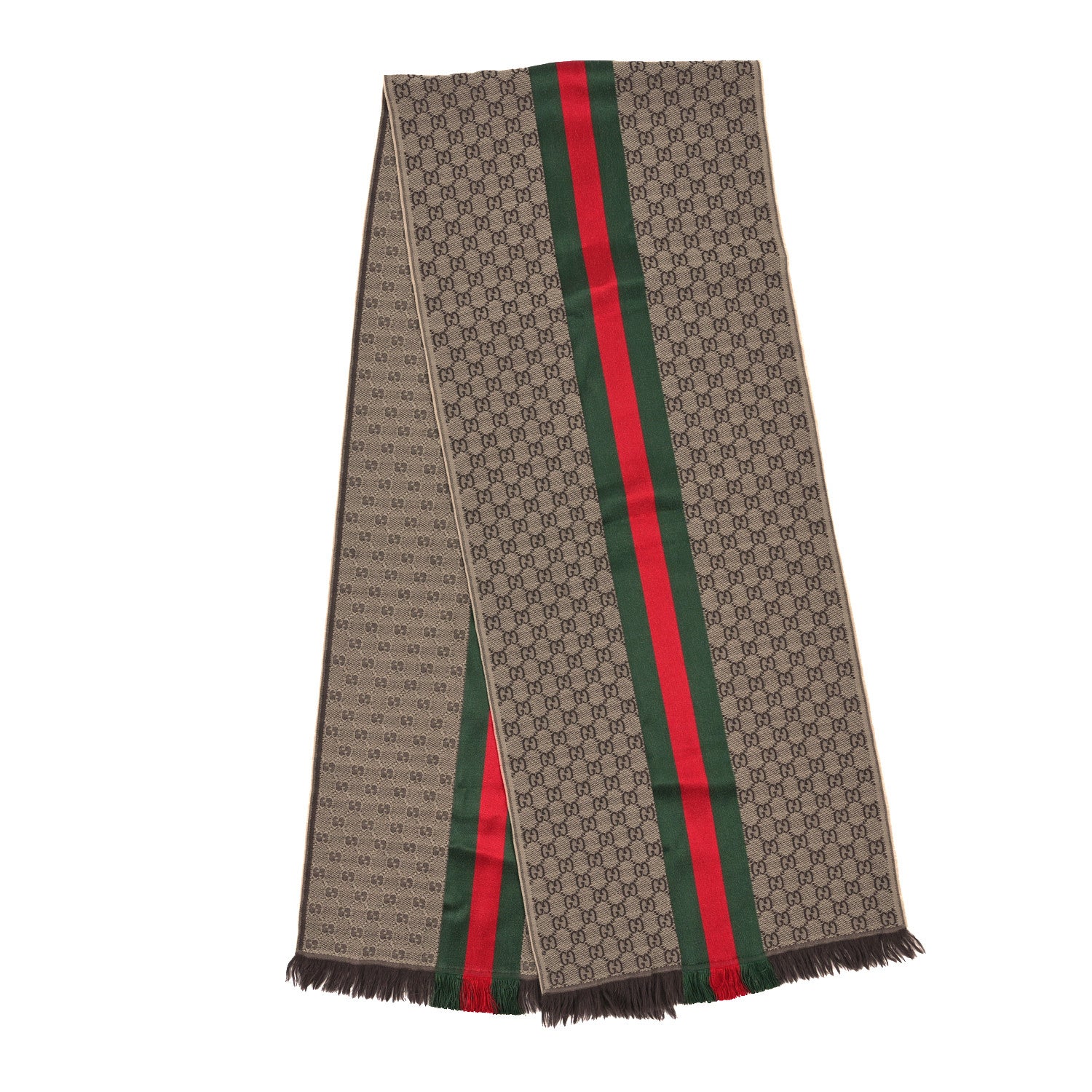 Gucci Wool Silk GG Monogram Web Verbier Fringe Scarf Light Brown Dark Green 2 of 5