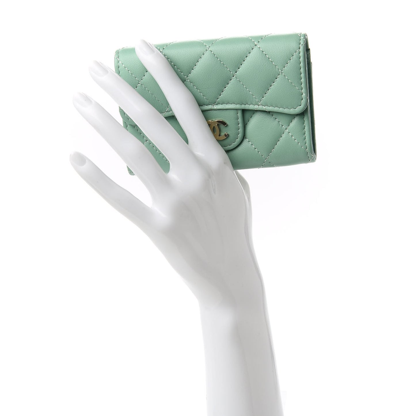 Lambskin Quilted Flap Card Holder Wallet Green